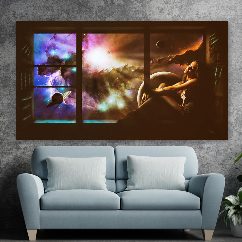 Πίνακας σε καμβά Γυναίκα στο Παράθυρο με Φόντο Πλανήτες